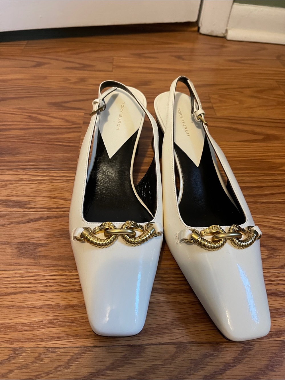 Tory Burch Ivory Patent Slingback with Gold Chain Detail